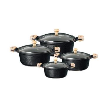 Imagem de Jogo de panelas cerâmica com tampa de vidro e alças madeira - Aluminio