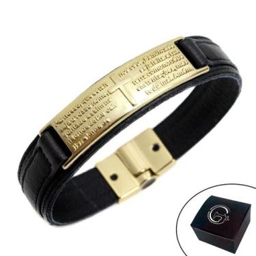 Imagem de Pulseira de Couro Oração Pai Nosso Dourada Preto - Granado Acessórios,