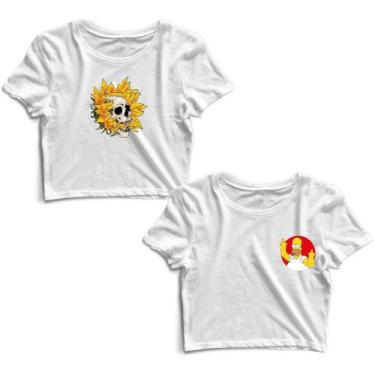 Imagem de Kit 2 Blusas Cropped Tshirt Feminina Caveira Girassol e Homer Simpson 