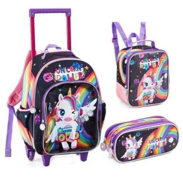 Imagem de Kit mochila infantil rodinhas unicórnio power com lancheira e estojo p