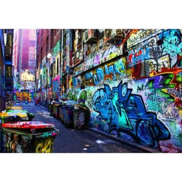 Imagem de Caaerttply Pano de fundo de parede de grafite de 3 x 2,4 m para fotografia dos anos 90, arte colorida da cidade, hip-hop, cenário urbano estilo punk, crianças, festa de aniversário, faixa para chá de