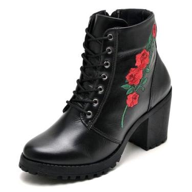 Imagem de Bota Coturno Couro Feminino Detalhe Floral Lateral Salto Bloco Medio M