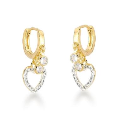 Imagem de Brinco Argola Com Ponto De Luz E Pingente Coração Banhados A Ouro 18k