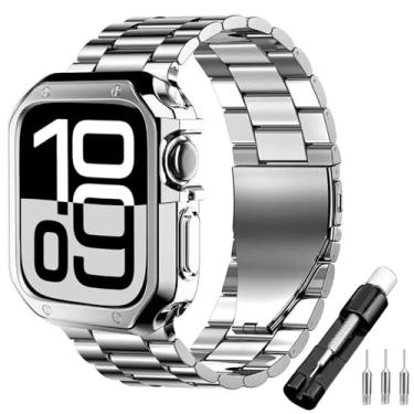 Imagem de iTecFree Pulseira de metal com capa de 45 mm, pulseira de corrente de metal de aço inoxidável e capa macia de TPU (poliuretano termoplástico) para Apple Watch SE séries 9, 8, 7, 6, 5, 4, 3, 2, 1, (42