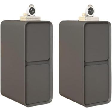 Imagem de Mesa de cabeceira estreita, mesa de cabeceira com 2 gavetas, mesa de canto de madeira para economizar espaço, suporte noturno com acabamento em couro para quarto e sala de estar, cinza escuro 2 peças,