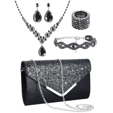 Imagem de Henoyso 5 peças de conjuntos de joias com strass, bolsa de formatura, joias, strass, bolsa de embreagem para noiva, colar, brincos, pulseiras para mulheres, Classic, Attractive Style, poliéster