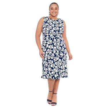 Imagem de London Times Vestido feminino sem mangas com cintura inserida midi e flare, Azul-marinho/marfim, 25 Plus Size