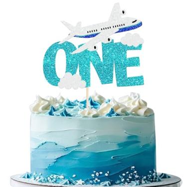 Imagem de 1 Pack One Airplane Cake Topper Glitter Airplane Cake Pick First Birthday Cake Decorations for Oh How Time Flies First Birthday Baby Shower Boys Girls Kids Party Supplies Blue White