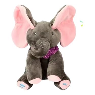 Imagem de Brinquedo de Pelúcia Elefante Esconde-Esconde com Som, Interativo, 30 cm Rosa com cinza