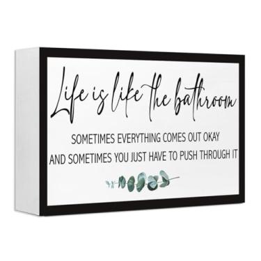 Imagem de Life is Like the Bathroom Sign, Farmhouse Bathroom Wooden Box Signs Desk Decor, Restroom Wood Block Signs for Home Office, Banheiro, Banheiro, Prateleira, Decoração de Mesa
