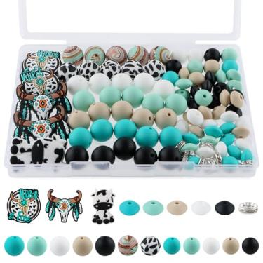 Imagem de HHCFAST Conjunto de 100 contas de silicone, contas de lentilha, contas espaçadoras de strass, contas de silicone de vaca turquesa para canetas e estampas, contas de silicone de 15 mm e 12 mm para