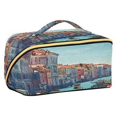 Imagem de ALAZA Bolsa de maquiagem vintage com vista da Itália, bolsa de cosméticos portátil com zíper com alça e divisória para mulheres, colagem, dormitório, viagem de negócios, multicolorida, 24 x 12 x 13