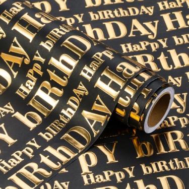 Imagem de WRAPAHOLIC Rolo de papel de embrulho de aniversário Kraft 3D - Mini rolo - 43 cm x 40 cm - Design de letras de feliz aniversário dourado e preto com relevo, perfeito para férias, celebração de festa