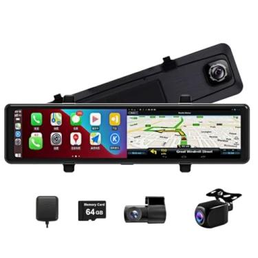 Imagem de Câmera veicular de 3 canais de 2,5 K para carros, Carplay e Android Auto, WiFi GPS Navi Bluetooth com espelho retrovisor de tela inteira de 12 polegadas, câmera frontal interna e traseira, gravador de