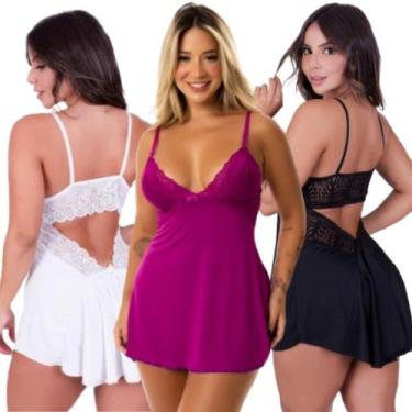 Imagem de Kit 3 Camisola Sensual Com Renda Feminina Decote Nas Costas Alças Ajus