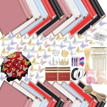 Imagem de 271 peças de kit de papel de embrulho de flores com 100 folhas de papel de embrulho floral à prova d'água 3D coroas, alfinetes de buquê, fitas, artesanato faça você mesmo para o Dia das Mães, Dia dos