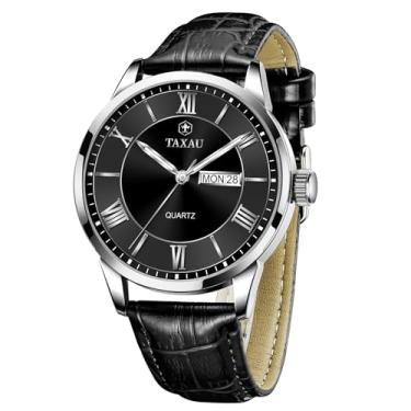 Imagem de Taxau Relógio masculino de couro, casual, à prova d'água, moderno, mostrador grande, analógico, quartzo, relógio de pulso masculino com data luminosa, Preto-G8408, round, Minimalista