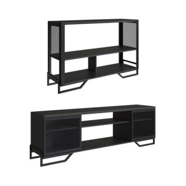 Imagem de Conjunto Sala De Estar Industrial Rack e Aparador Preto - Placa e Pont