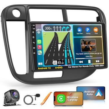 Imagem de Rádio veicular WiFi 5G para Honda Civic 1996-2001 com Carplay sem fio e Android Auto, 4 + 64 GB Android 13 Civic tela com controle de voz Bluetooth 5.2 FM SWC DSP EQ GPS Backup Camera Mirror Link