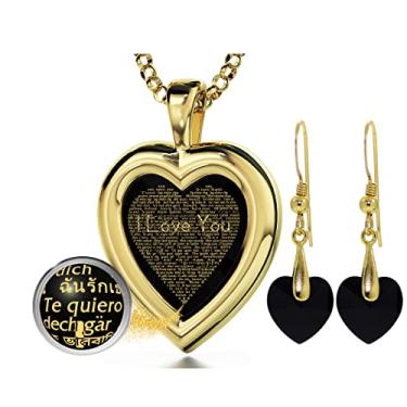Imagem de Conjunto de joias de coração banhado a ouro I Love You colar 24k ouro gravado em 120 idiomas em texto miniatura em brincos de cristal e pedra preciosa em forma de coração com corte brilhante brilhante brilhante, cristal, Zircônia cúbica