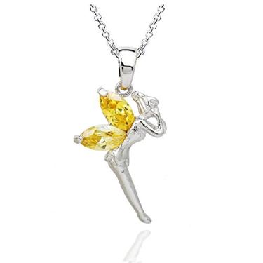 Imagem de Colar com pingente de fada sininho com cristais de zircônia cúbica roxa amarela banhado a ouro branco 18 quilates Colar de joias coloridas para meninas, adolescentes e mulheres All Amarelo