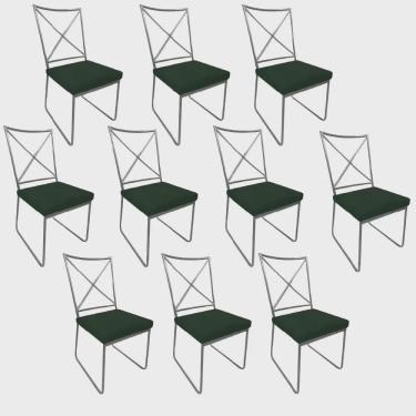Imagem de Kit 10 Cadeiras Sala de Jantar Escritório Office Clark Industrial Ferro Prata Suede Verde Musgo - Ahz Móveis
