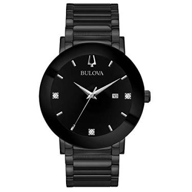 Imagem de Bulova Relógio masculino de quartzo de 3 ponteiros com mostrador de diamante e cristal de ponta a ponta, Banhado a íons preto, Pulseira de aço inoxidável moderna futuro quartzo preto diamante
