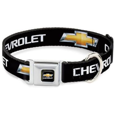 Imagem de Buckle-Down Coleira para cães com fivela de cinto de segurança – Gravata borboleta Chevy logotipo preto/dourado REPEAT – 3,8 cm de largura – serve para pescoço de 40,6 a 58,4 cm – Médio