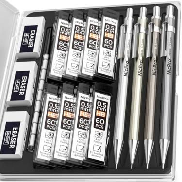 Imagem de Nicpro Lapiseira de 0,5 mm com estojo, conjunto de 4 lápis mecânicos de metal com 8 tubos HB #2 refil de grafite 0,5 mm, 3 peças de borracha 4B, refil de 9 borrachas para redação de artistas, esboços,