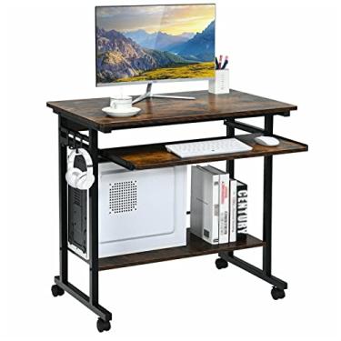 Imagem de AKALNNB Mesa de PC rústica marrom para PC, carrinho de laptop, mesa de trabalho removível, mesa de trabalho com bandeja de teclado removível e ganchos laterais, mesa de escritório com estrutura de aço