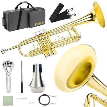 Imagem de Fesley Conjunto de trompete padrão Bb para iniciantes, trompetes de latão para orquestra de banda escolar, instrumento de trompete de estudante com estojo rígido, bocal 7C, kit de limpeza, luvas, ouro
