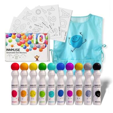 Imagem de INNMUSE Marcadores de pontos laváveis para crianças, tintas de pontos de 10 cores, jaleco incluído, folhas de atividades impressas e PDF, artes e artesanato para crianças de 3 a 5 anos, atividades de