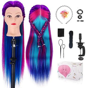 Imagem de MYSWEETY Cabeça de manequim de 71 cm com cabelo - Manequim de treinamento de estilo cosmetologia boneca de cabelo de fibra sintética, grampo de mesa e kit de trança - roxo