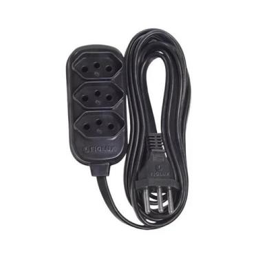 Imagem de Extensão Elétrica 2 Metros Tripolar Preta Com 3 Tomadas 2p+t Fiolux