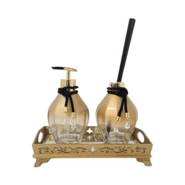 Imagem de Kit Enfeite Decorativo Lavabo Luxo Elegante Banheiro Vidro Dourado - A