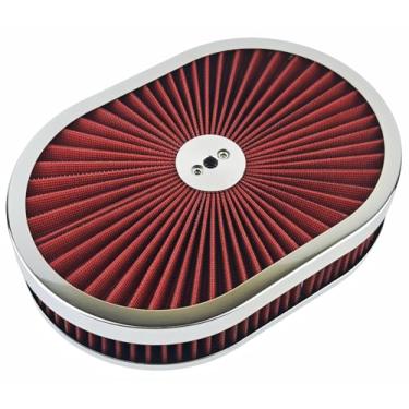 Imagem de Conjunto de filtro oval de purificador de ar de 30,5 x 5 cm com pescoço de carburador de 13 cm e tampa de fluxo - filtro de ar cromado de alto fluxo/vermelho compatível com GMC Chevy Ford Chrysler