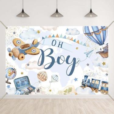Imagem de Bellicremas Airplane Oh Boy Pano de fundo para chá de bebê Viagem ao redor do mundo Adventure Begins Background Hot Balloon Up and Away Decorações Adventure Awaits Banner com ilhós de cobre