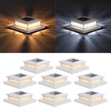 Imagem de TopVelo Poste de luz solar com 8 pacotes, poste de luz solar com 2 modos de luz, luzes brilhantes de poste de cerca de 16 LEDs decoram deck, pátio, varanda, cerca, serve para postes de vinil/madeira