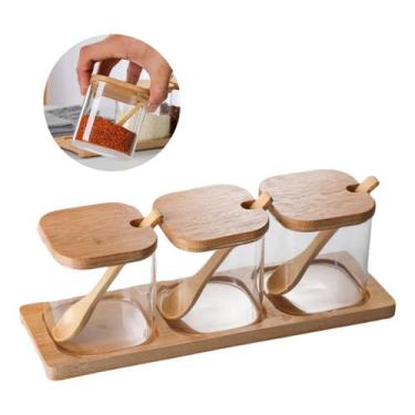 Imagem de Kit 3 Potes Vidro para Condimentos com Colheres e Suporte Bambu  Organ