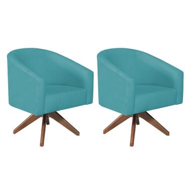 Imagem de Kit 02 Poltronas Luiza Base Giratória De Madeira Suede Azul Turquesa