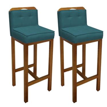 Imagem de Kit 02 Banqueta Alta Agnes Cozinha Balcão Bistrô Base Madeira Rústico Suede Azul Turquesa