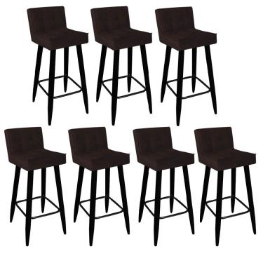 Imagem de Kit 07 Banqueta Alta Lucy Com Encosto Cozinha Bar Pé Palito Preto Suede Marrom - Amey Decor