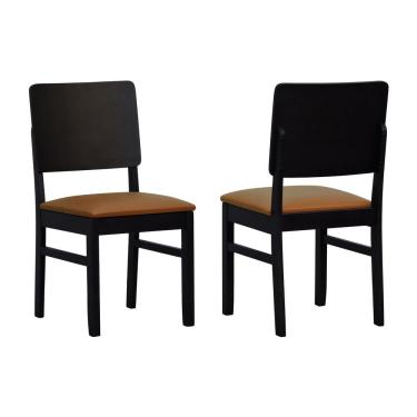 Imagem de Kit 2 Cadeiras Quéops Madeira Maciça Encosto Anatômico Assento Estofado - Preto Corano Caramelo