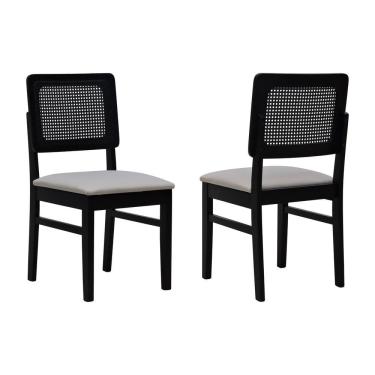 Imagem de Kit 2 Cadeiras Madeira Maciça Lyon Encosto Telinha - Preto Assento Estofado Linho Bege