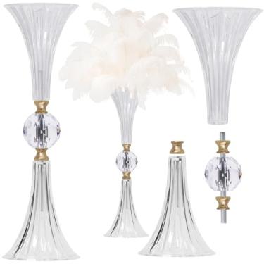 Imagem de VIJIV Vaso de trompete de acrílico de cristal para centros de mesa de casamento e decoração de casa - suporte de flores transparente de 48 cm com textura canelada, detalhes dourados, vaso de mesa/chão