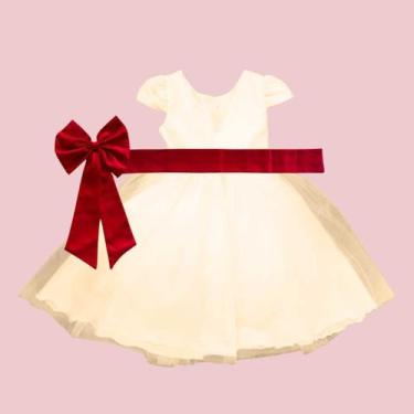 Imagem de Vestido longo Off White com Faixa e Laço VERMELHO Infantil Festa elegâ