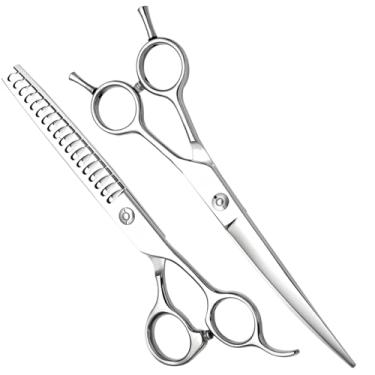 Imagem de Tesouras profissionais de cuidado de cães de 7 polegadas, tesouras de animais de estimação afiadas de aço JP440C, 25 graus curvados e 18 dentes afinados, com ponta contundente e alça ergonômica