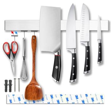 Imagem de YIIYIIN Suporte Magnético Para Facas De 16" Montagem Em Parede Com Ganchos - Fita Adesiva Sem Perfuração 304 Aço Inoxidável Suporte/Suporte/Rack/Bar Utensílios Cozinha