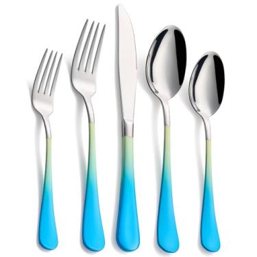 Imagem de Moxinox Conjunto De Talheres Amarelo E Azul Com 20 Peças, Aço Inoxidável 18/0 Cabo Colorido, Serviço Para 4 Pessoas, Moderno Que Inclui Facas Jantar, Garfos Colheres, Polido Espelhado, Pode Ser Lava