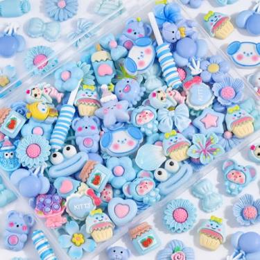 Imagem de 100 peças de pingentes de geleca azul sortidos, acessórios Kawaii, enfeite de resina plana de urso de coração doce para capas de telefone lixo, artesanato de scrapbooking e decoração DIY